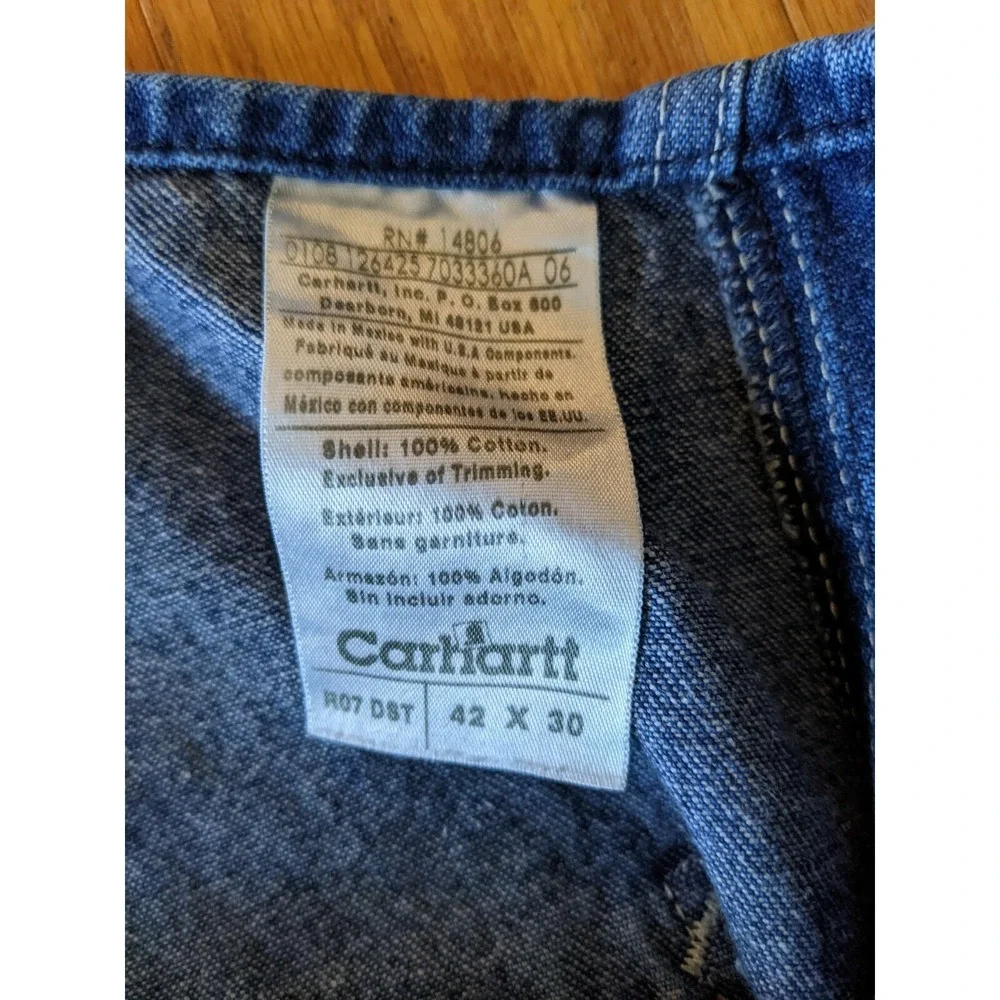 Carhartt Blue Denim Bib Overalls Straight Fit Men Size 42 x 30 Paint Stained